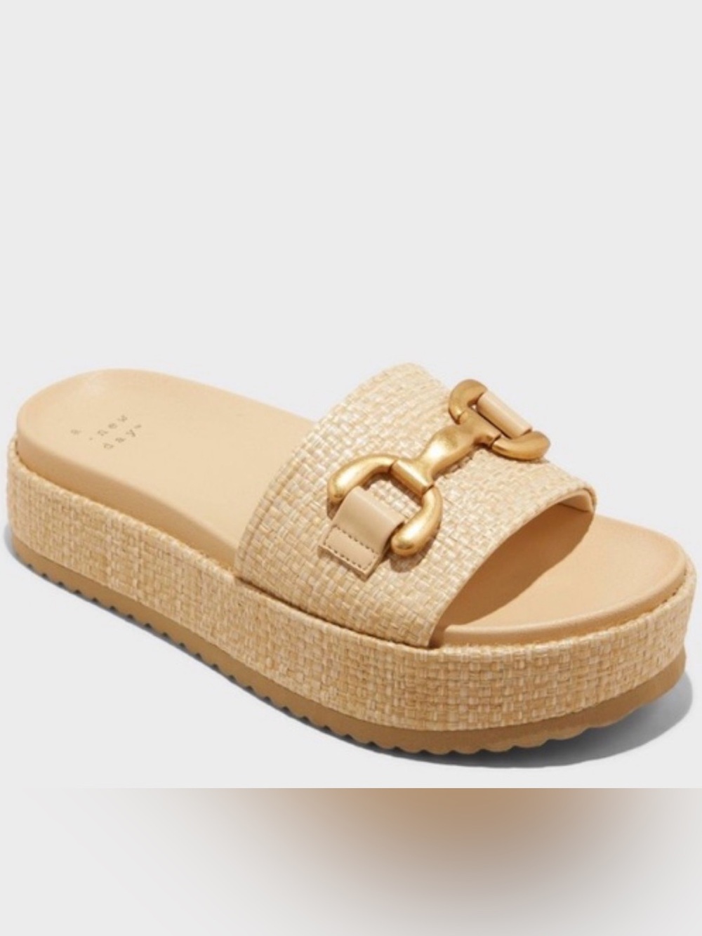 a new day Beige Woven Platform Slide Sandals with Gold Accent